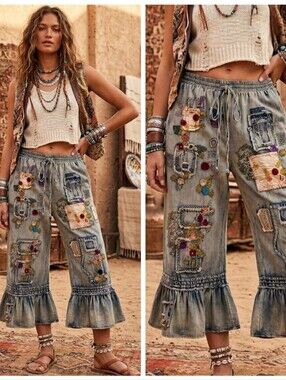 BACK IN STOCK !! Boho Embroidered Patchwork Vintage Wash Ruffle Hem Bloomers